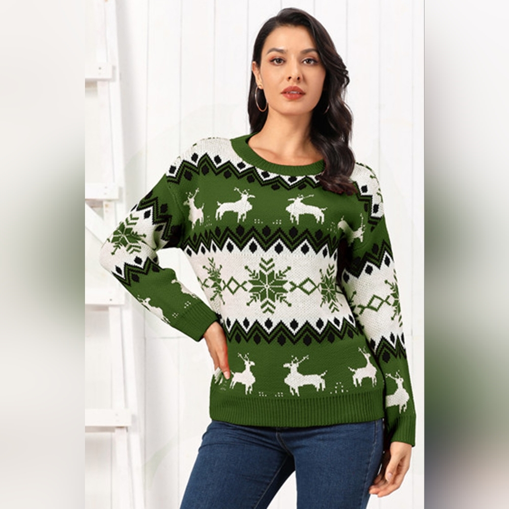 Snowflake Reindeer Fair Isle Knit Round Neck Classy Holiday Sweater Minimalist